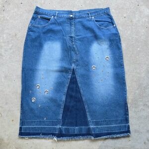 Vintage Denim Maxi Skirt Plus Size 24 Blue Embellished Faded 90s Retro Punk